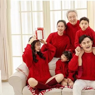 新款亲子装红色毛衣影楼拍照服装全家福新年摄影男女主题白色麻花