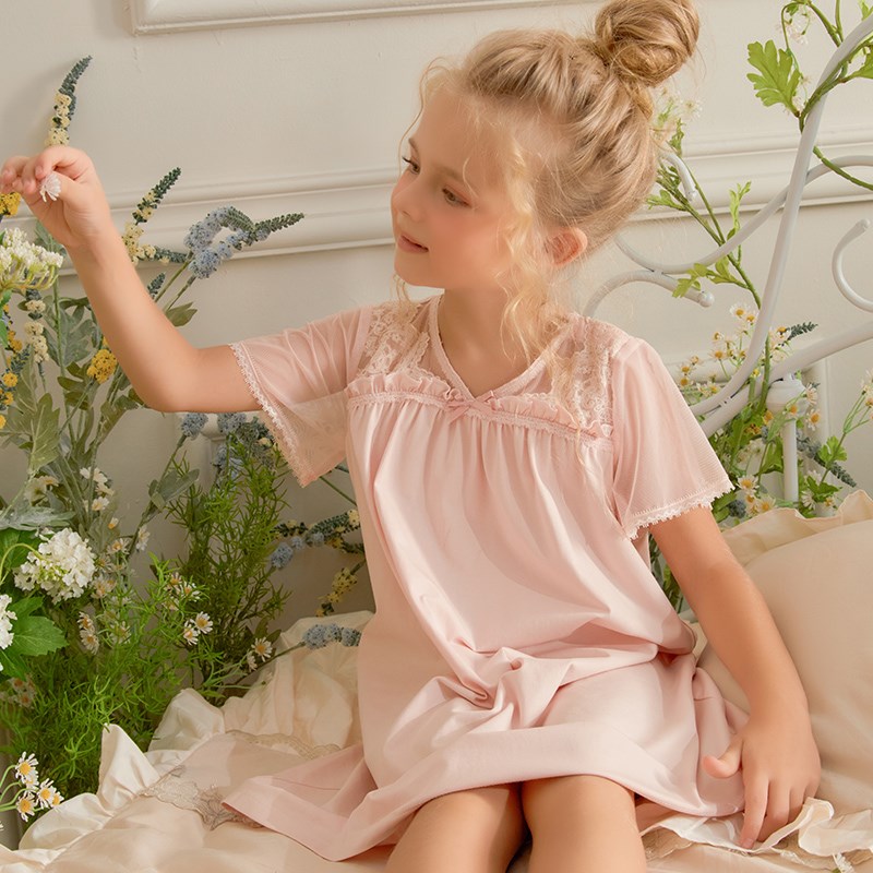 尘熙法式公主可爱女童儿童小学生短袖睡裙亲子睡衣棉质睡衣薄款夏