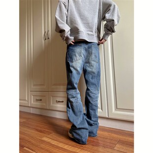 复古修身 渐变水洗蓝磨白牛仔长裤 直筒显瘦百搭男女 2025美式 F383