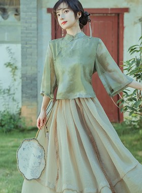 新中式禅意茶服旗袍两件套日常改良汉服文艺国风显瘦温柔连衣裙夏