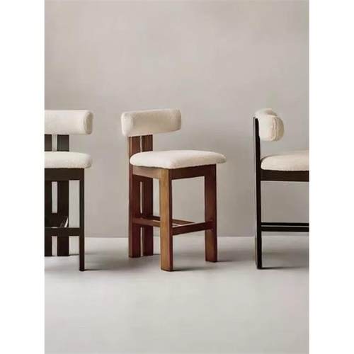 法式吧台椅中古风家用酒吧餐厅休闲高脚椅北欧设计师前台实木椅子