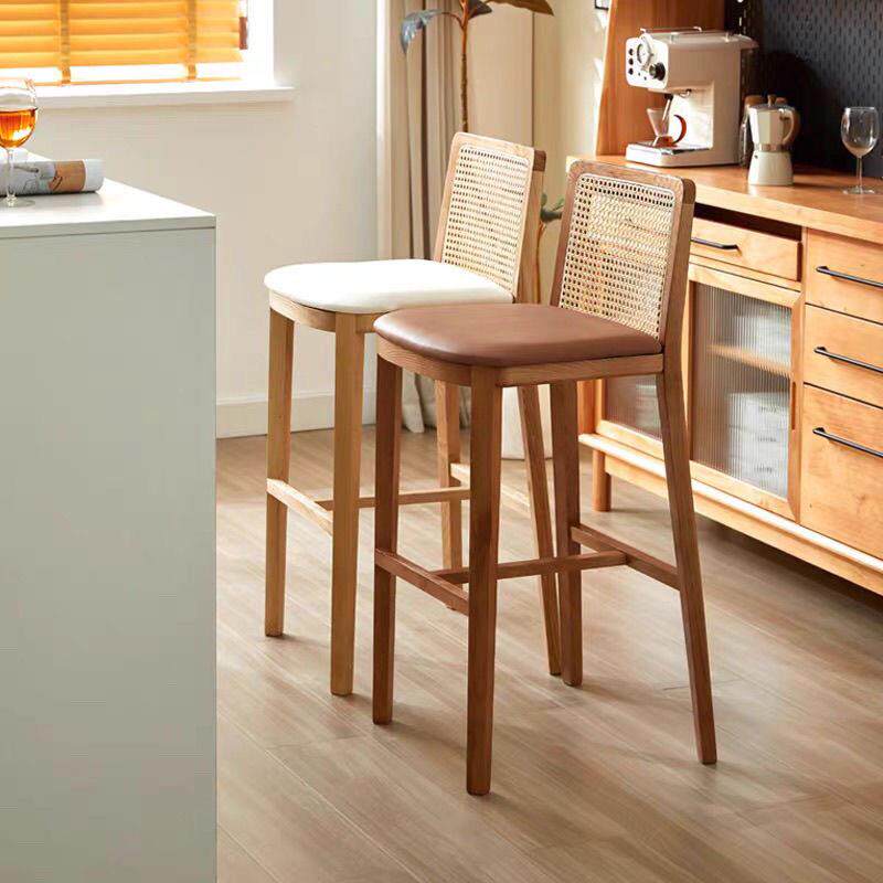 侘寂风覆古吧台椅家用北欧实木藤编高脚凳岛台酒吧咖啡厅靠背吧椅