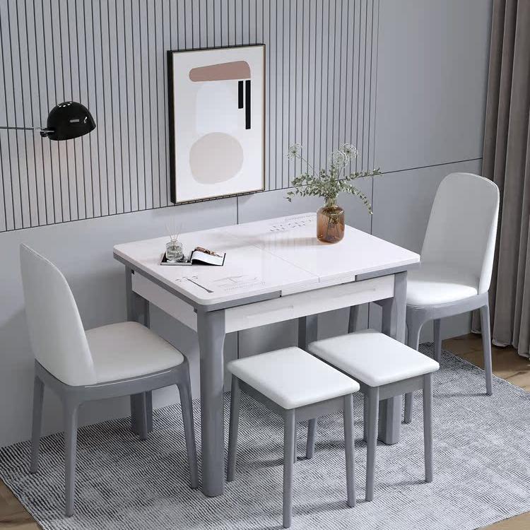 小户型可伸缩餐桌椅组合现代简约长方形折叠餐桌钢化玻璃家用饭桌