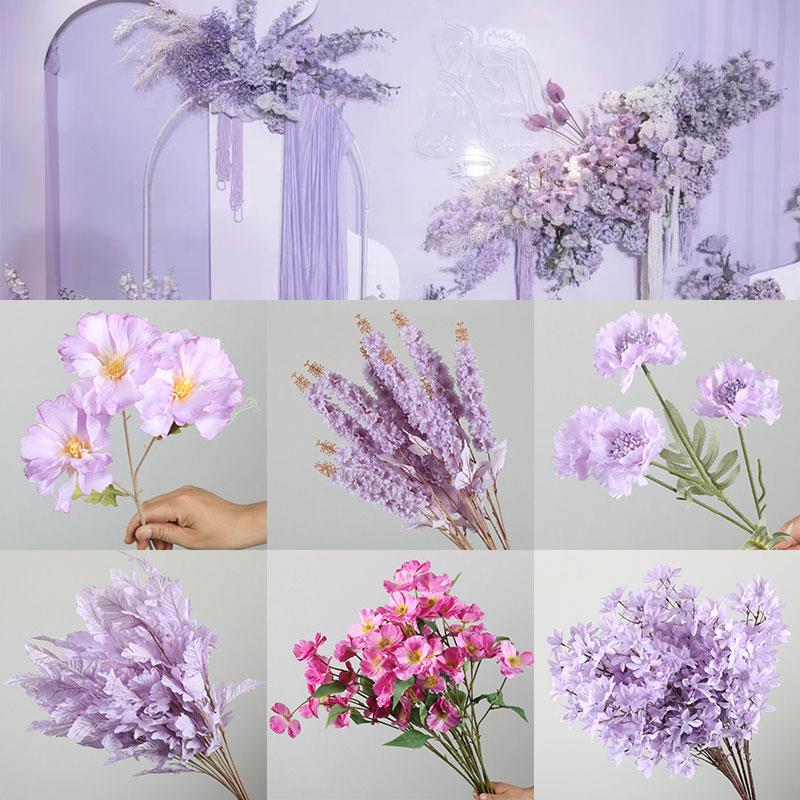 紫色系婚礼堂仿真花洋牡丹球菊绣球花蝴蝶兰吊顶三角玫尤加利柳叶