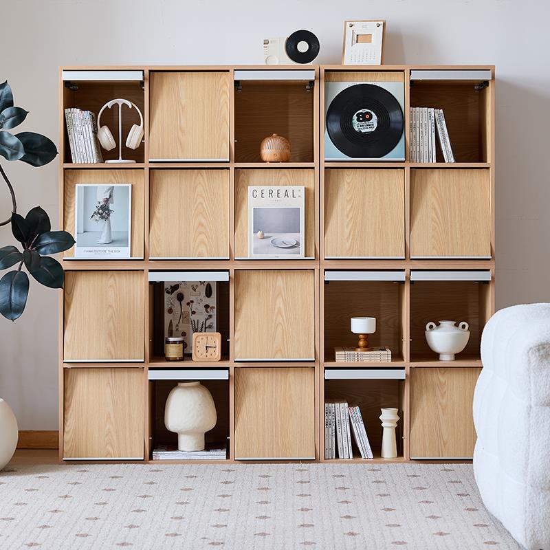 三又木日式满墙书柜格子柜带门家用餐柜落地收纳柜沙发组合边柜