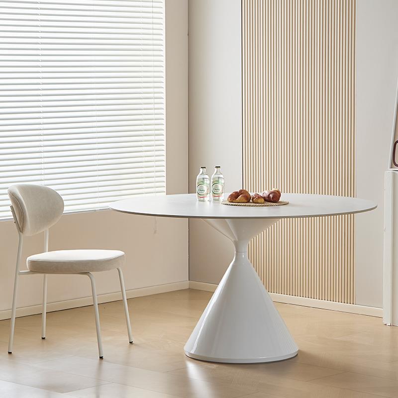 奶油风圆形纯白岩板餐桌椅组合小户型家用吃饭桌子现代简约圆桌椅