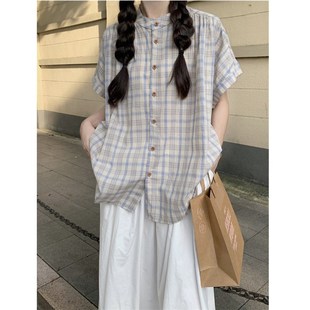 大码女装2025夏季胖mm复古格子撞色宽松衬衫+白色半身裙显瘦套装