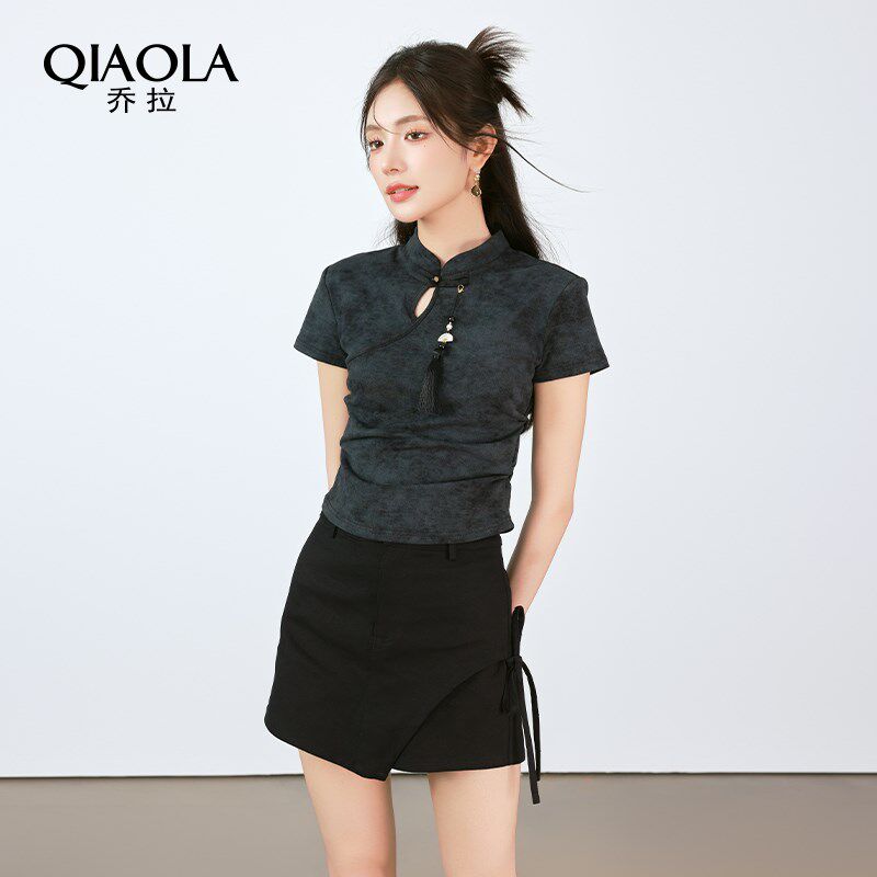 乔拉【暗夜佳人】新中式立领盘扣国风百搭短袖T恤+半裙短裤套装女