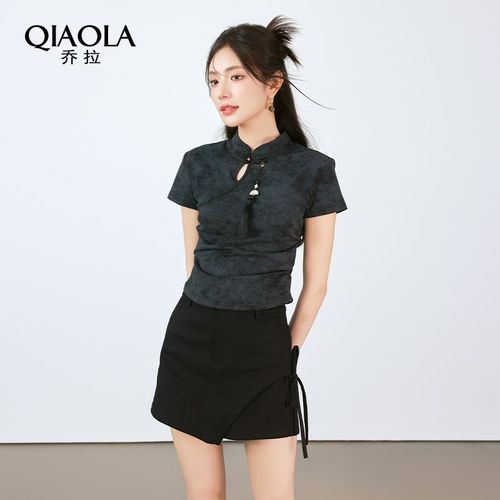 乔拉【暗夜佳人】新中式立领盘扣国风百搭短袖T恤+半裙短裤套装女