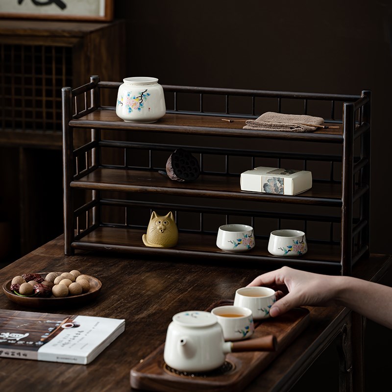 复古茶杯架竹制茶棚茶具茶壶收纳展示架多宝格博古架双层竹茶架子