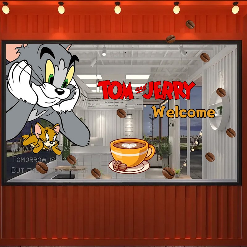 猫和老鼠咖啡店奶茶店餐厅西餐厅玻璃贴橱窗装饰店铺门面墙贴纸