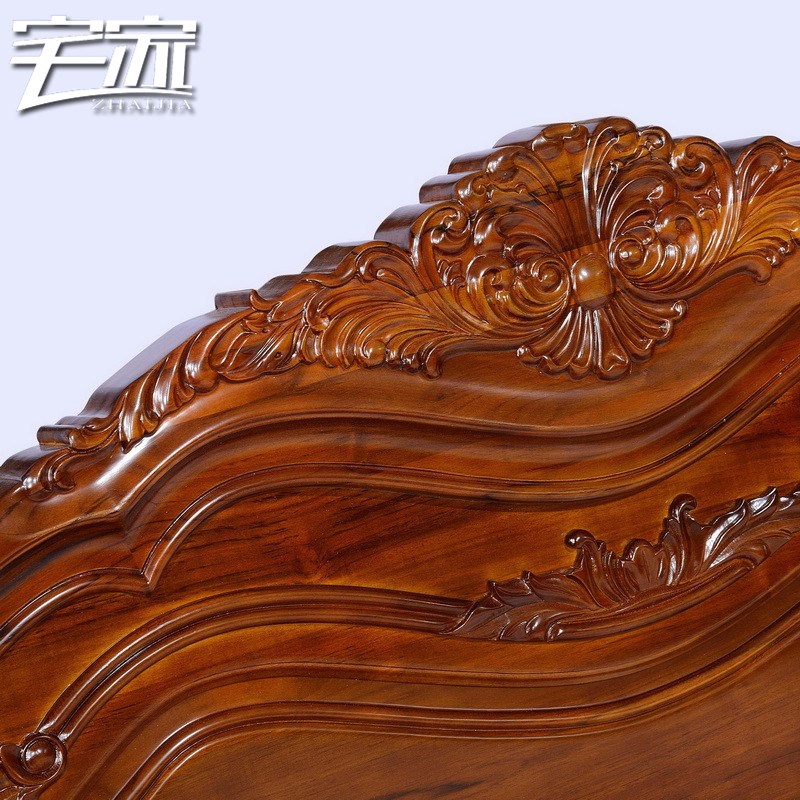 宅家全柚木床纯柚木家具全实木床欧式双人床1.8米1.5婚床雕花卧室