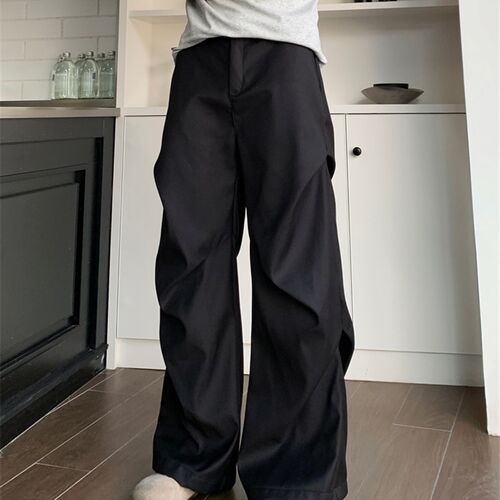 TWORED美式小众褶皱拖地微喇休闲裤高级感宽松直筒垂感黑色西裤男