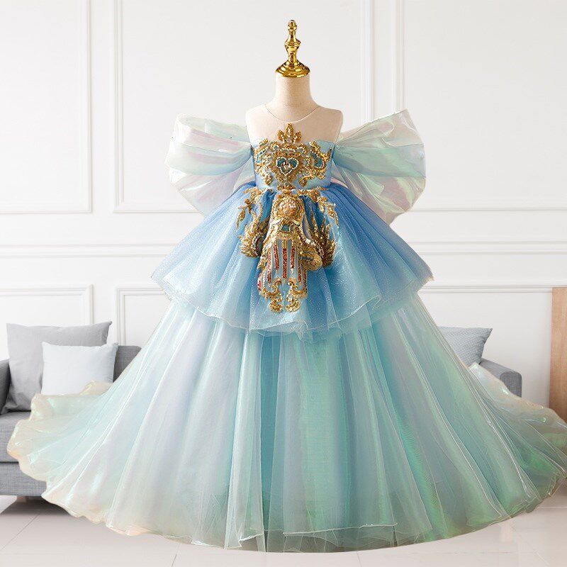 轻奢礼服女童生日公主裙儿童拖尾连衣裙蓝色晚礼服钢琴演奏主持人