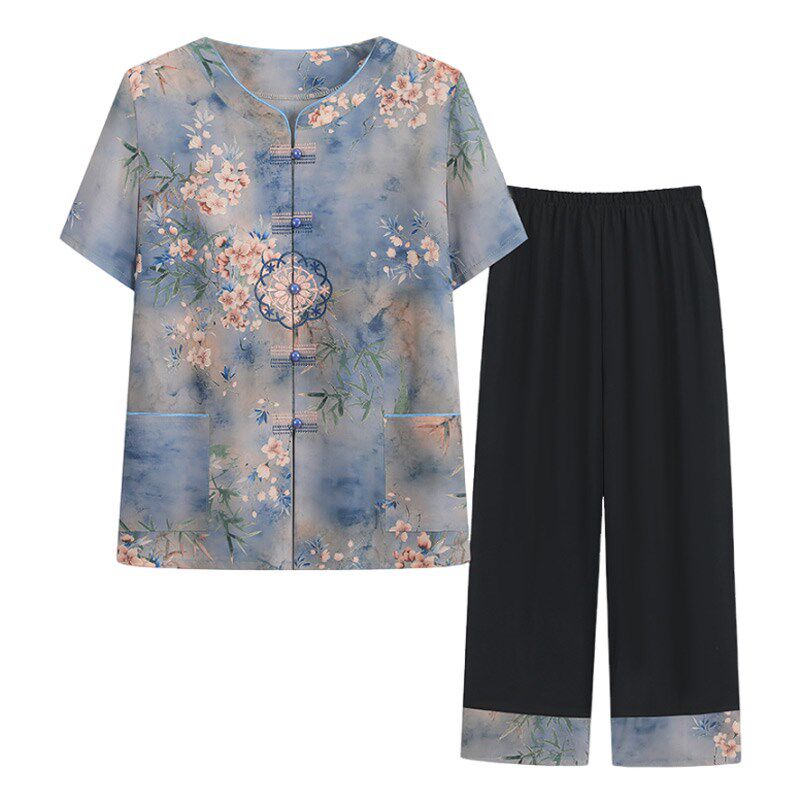 奶奶装夏季短袖套装中老年人女装衬衫两件套老年人夏装女衣服裤子
