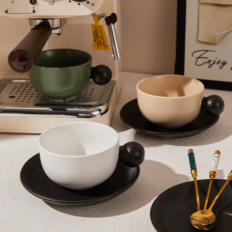 轻奢小众哑光拼色圆球手柄咖啡杯碟套装马克杯拿铁杯艺术感拉花杯