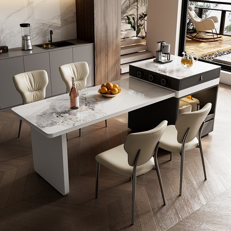 高级岩板岛台餐桌一体家用可伸缩法式奶油风小户型餐台轻奢中导台