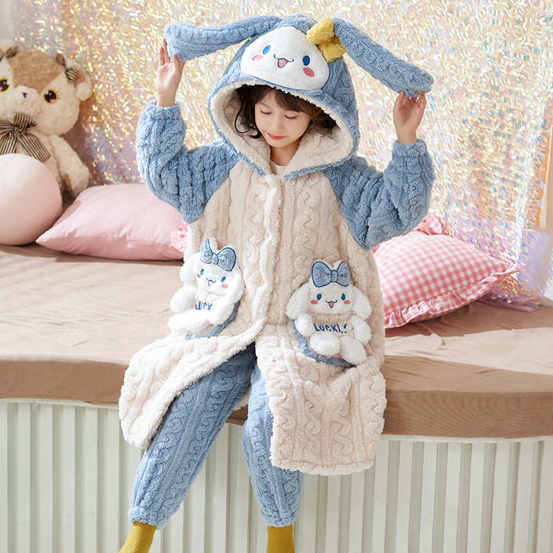 儿童睡衣秋冬季珊瑚绒加绒加厚居家服女童长版睡袍法兰绒亲子套装