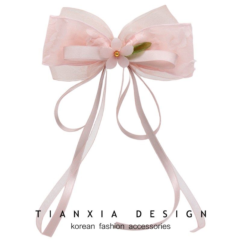 韩国儿童樱花粉蝴蝶结花朵发夹女童长飘带后脑勺发卡侧边丸子发饰