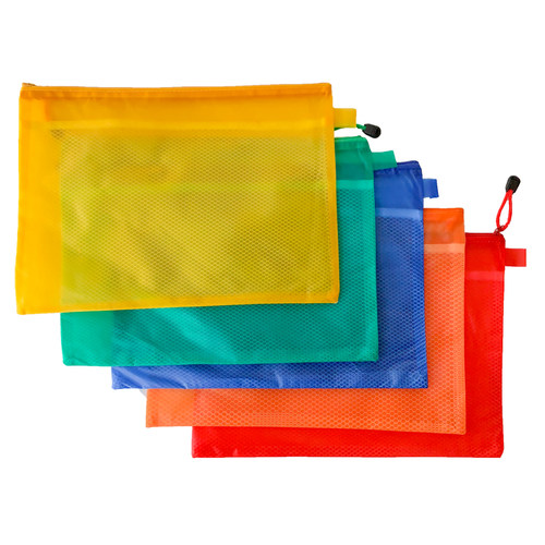 简约拉链袋5只多色学生A4资料袋PVC文件袋半透明防水塑料网格袋