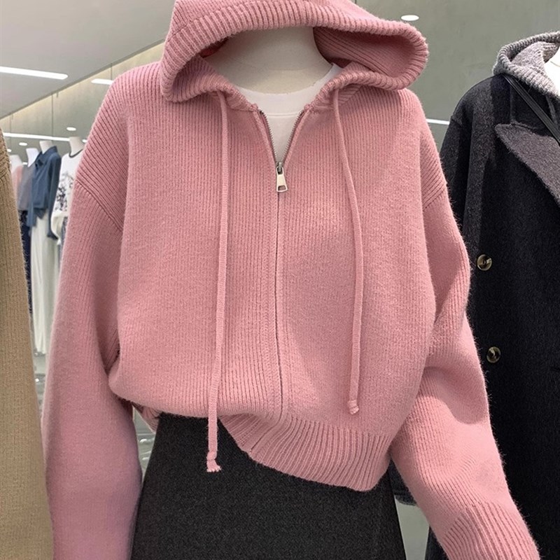 简约设计感拉链连帽毛衣开衫外套女宽松春季新款短款针织上衣加厚