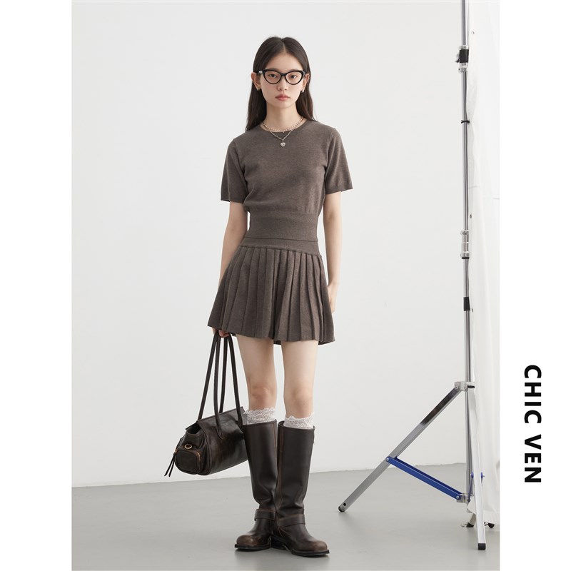 CV大码女装 2024秋季新款羊毛针织开衫短袖上衣百褶半身裙三件套