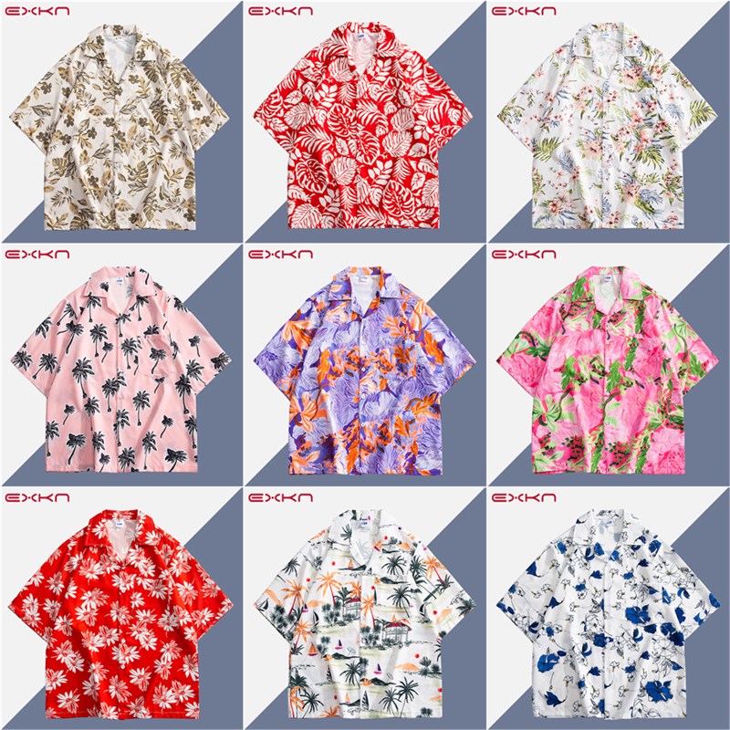 2024时尚港风古巴领碎花衬衫男女宽松夏威夷海边沙滩度假短袖衬衣