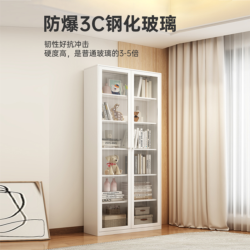 书柜落地靠墙铁艺家用儿童客厅简约玻璃门防尘矮小钢制书架餐边柜
