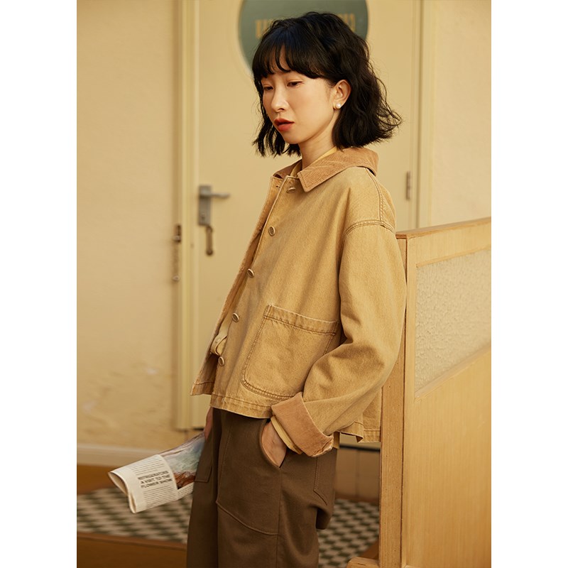 忘城A670座/时光的隧道/早秋新款全棉斜纹做旧复古翻领牛仔外套女