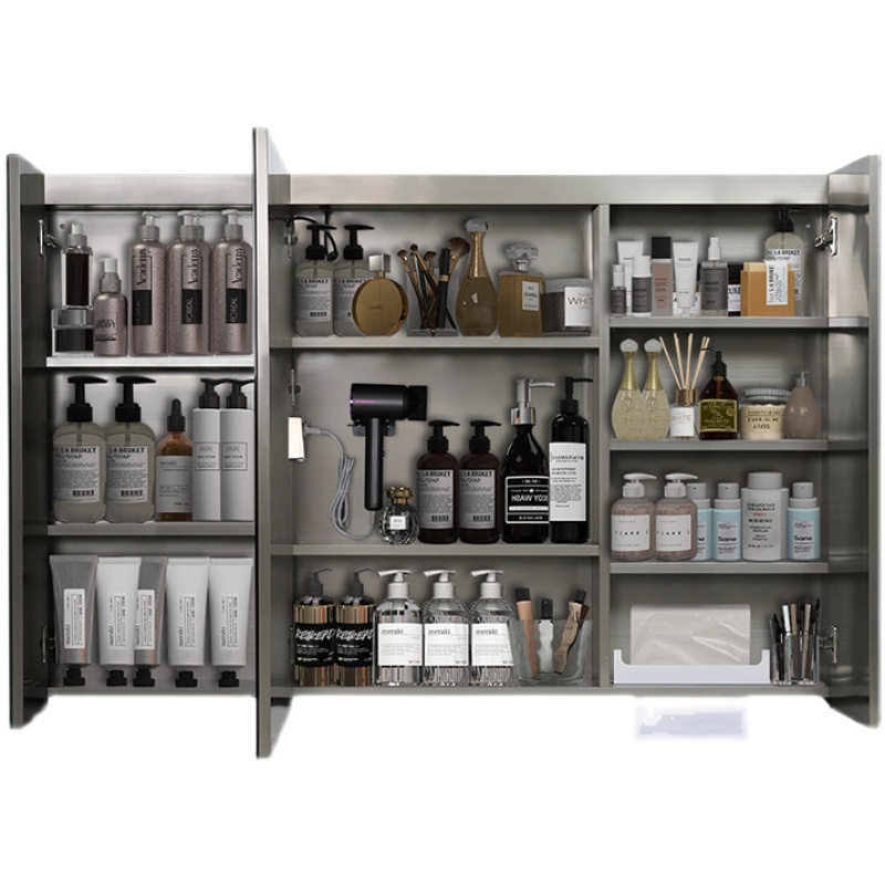 不锈钢浴室镜柜带灯镜箱厕所挂墙式卫生间洗手间镜子带活动层板