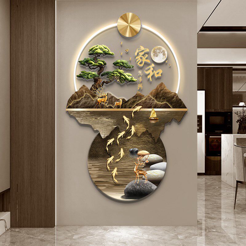 流水生财山水画玄关带灯装饰画入户门正对墙挂画客厅走廊过道壁灯,家居饰品,氛围画/灯画,淘宝优惠券,粉丝福利购,淘宝优惠卷