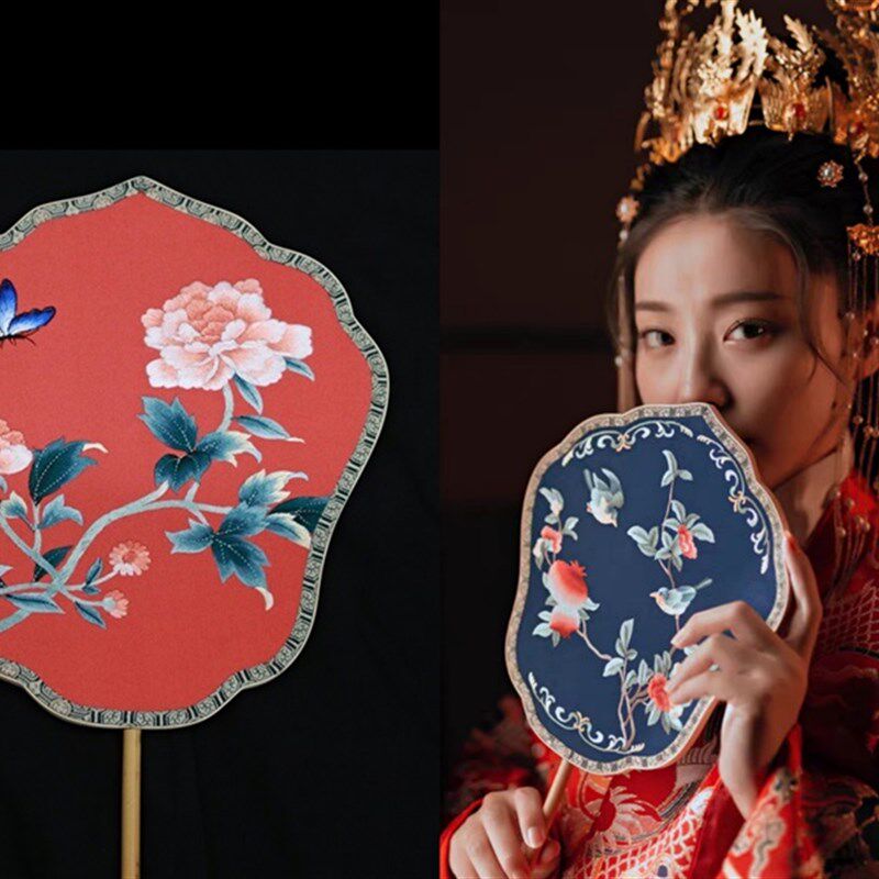 中团扇面异色绣扇湘妃竹手工宫廷刺绣扇子汉服婚礼扇