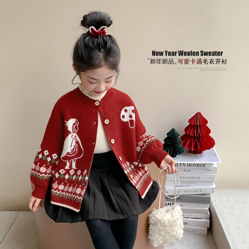 公主裙女童新年衣服红色毛衣2025新款女孩百褶裙春秋季儿童连衣裙