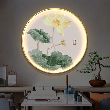 荷花圆形玄关装饰画带灯发光新中式客厅茶室走廊莲花led壁灯挂画