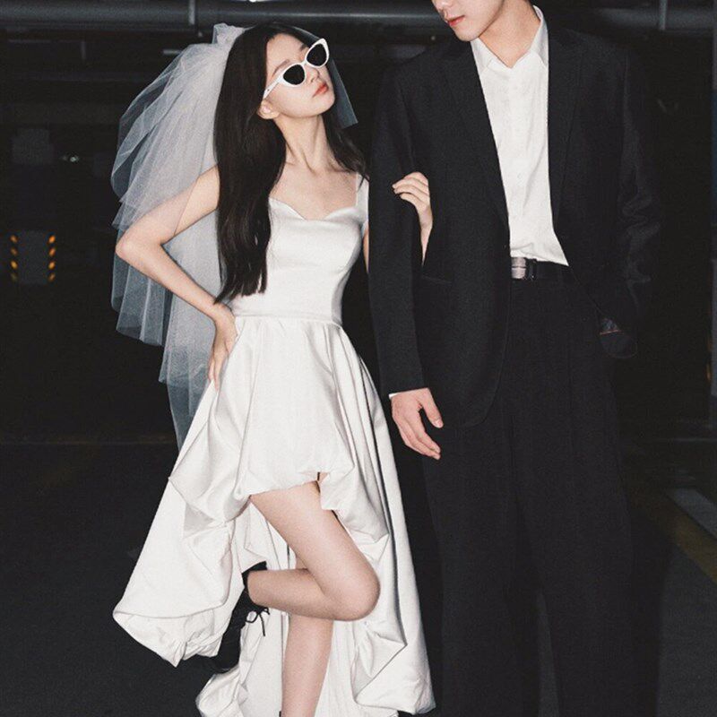 法式吊带小个子前短后长白色轻婚纱新娘订婚旅拍出门纱领证礼服裙