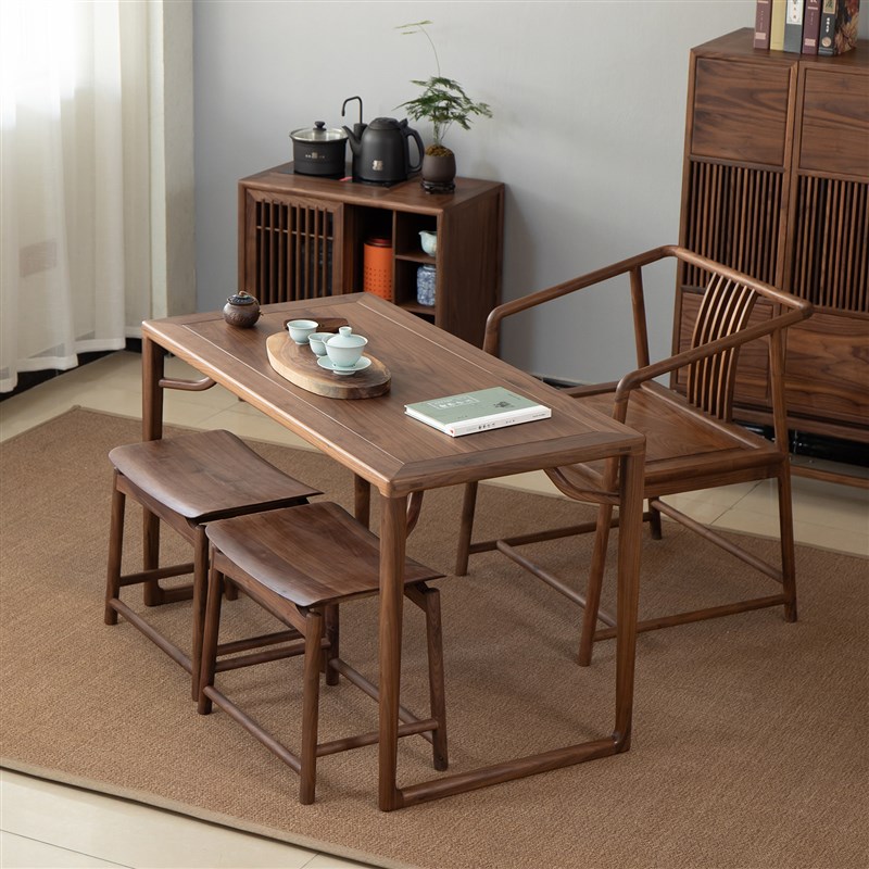 北美黑胡桃木茶桌椅组合新中式客厅实木书桌小户型阳台家用泡茶桌