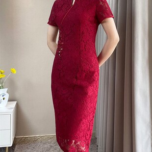婚庆婆婆红色妈妈旗袍婚宴连衣裙改良A字蕾丝短款大码中年装秋季