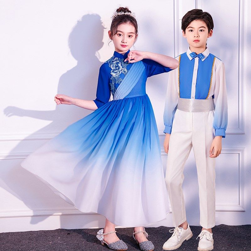 国庆儿童大合唱服中小学生国风演出服男女童诗歌朗诵乐器表演服装