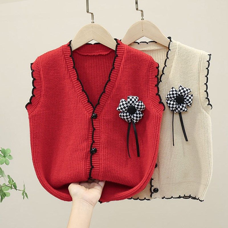 女童针织马甲背心开衫毛衣春秋2024新款春季儿童外套线衣无袖上衣