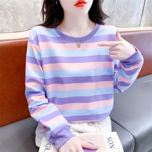 纯棉紫色条纹休闲上衣秋装女2023新款宽松薄款秋冬打底衫长袖T恤