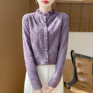 加绒半高花边领长袖套头衬衫女装冬季蕾丝西装内搭叠穿打底衫上衣