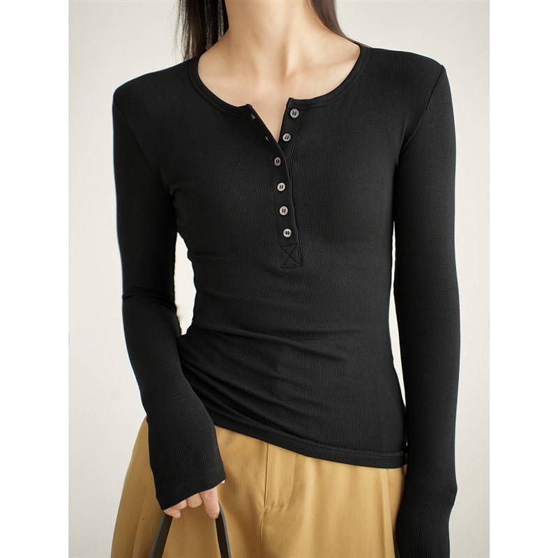 女士螺纹亨利领T恤衫 圆领弹力修身长袖打底衫 内搭 春秋款 女装