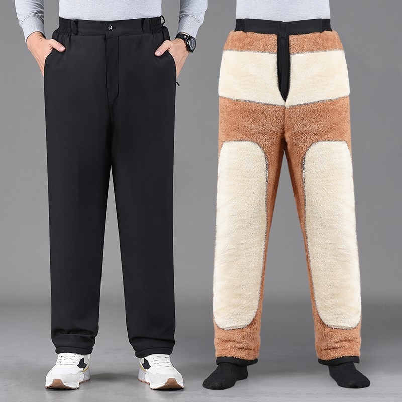 冬季爸爸羊羔绒羽绒棉裤男中老年松紧腰男裤老人爷爷保暖外穿棉裤