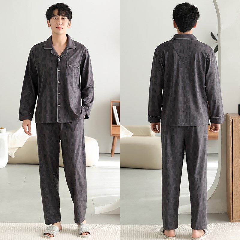 睡衣男士春秋款纯棉长袖男款秋季全棉薄款中年爸爸秋冬大码家居服