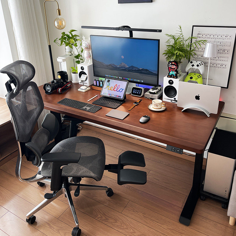 智芯松木电动升降桌实木工作台电脑桌家用台式办公桌双人学习桌子