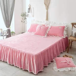 韩式 床单三件套定制 水晶绒床裙罩单件冬天保暖纯色防滑法莱绒裙式