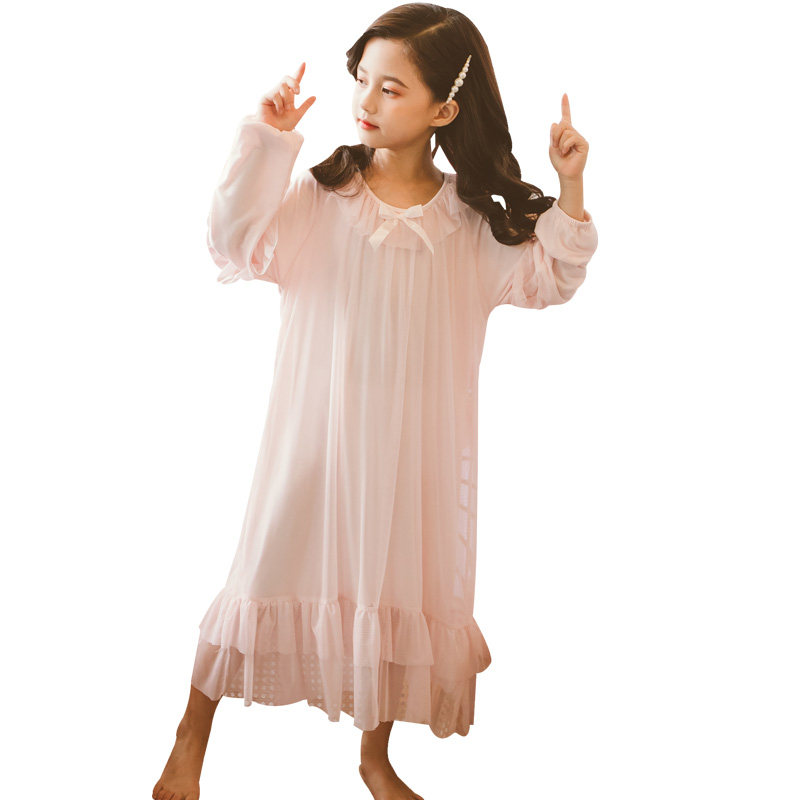 女童长袖睡裙春秋季薄款蕾丝公主中大童小女孩仙女连衣裙宫廷睡衣
