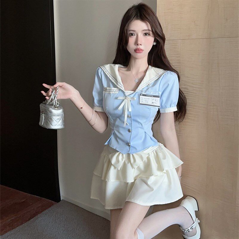 jk制服套装甜美少女学院风收腰显瘦上衣短袖衬衫高腰蛋糕裙两件套