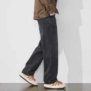 水洗裤 男宽松直筒立体猫须阔腿垂感2024新款 子 黑色牛仔裤 雅仓秋季
