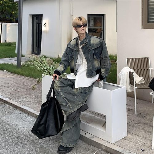 Med老叔 小众解构复古拼接毛边设计夹克男宽松休闲做旧牛仔外套潮